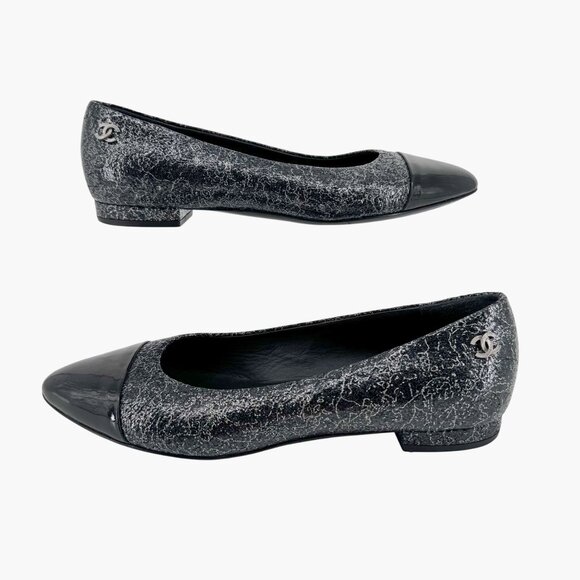 Chanel CC Cap Toe Ballet Flats Black Silver Leather Size 37.5 US 6.5–7 Women - Picture 9 of 15